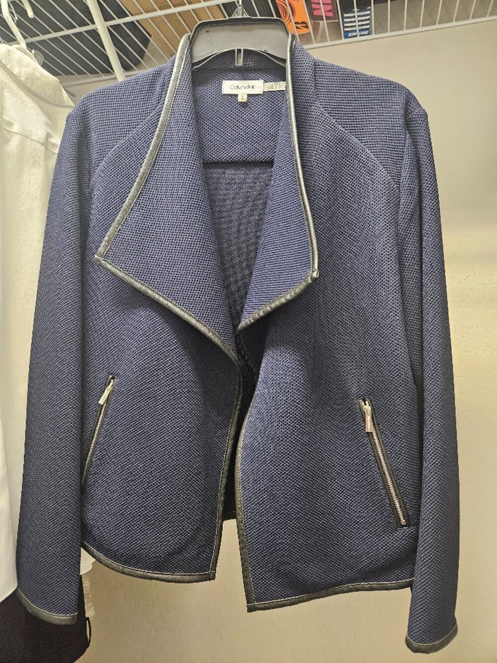 Calvin Klein Open-Front Jacket with Faux Leather Trim - Navy Blue - Size L